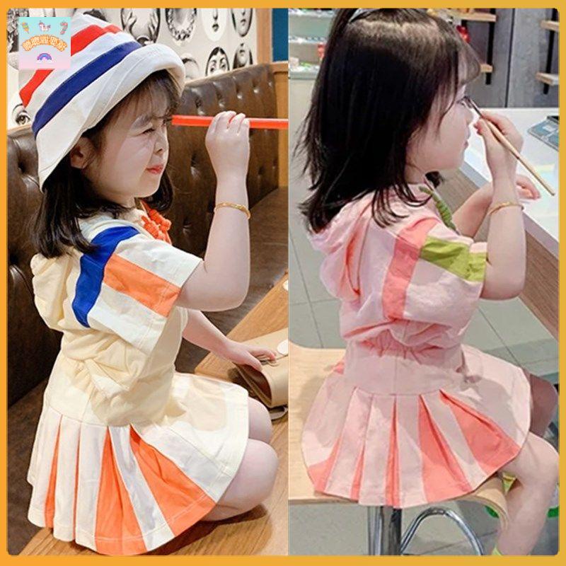 Set Đồ Thể Thao Mùa Hè 2022 Gồm Áo Hoodie Tay Cộc + Chân Váy Ngắn Thông Minh Phong Cách Preppy Hàn Quốc Cho Bé Gái