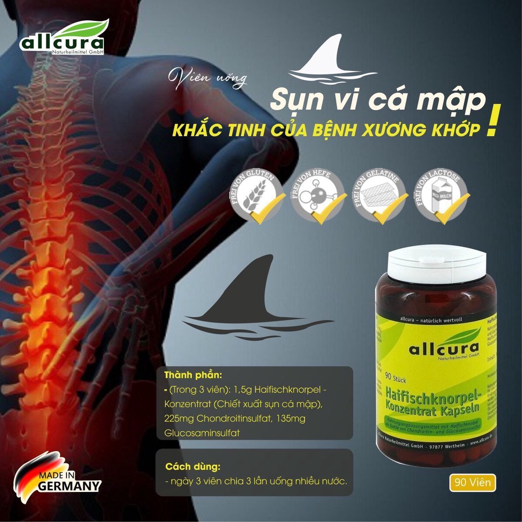 [Hỏa Tốc HCM] 12/2023 Viên uống Sụn cá mập, Giảm đau &amp; Tái tạo xương, sụn, khớp hiệu quả - ALLCURA (Hộp 90 viên)