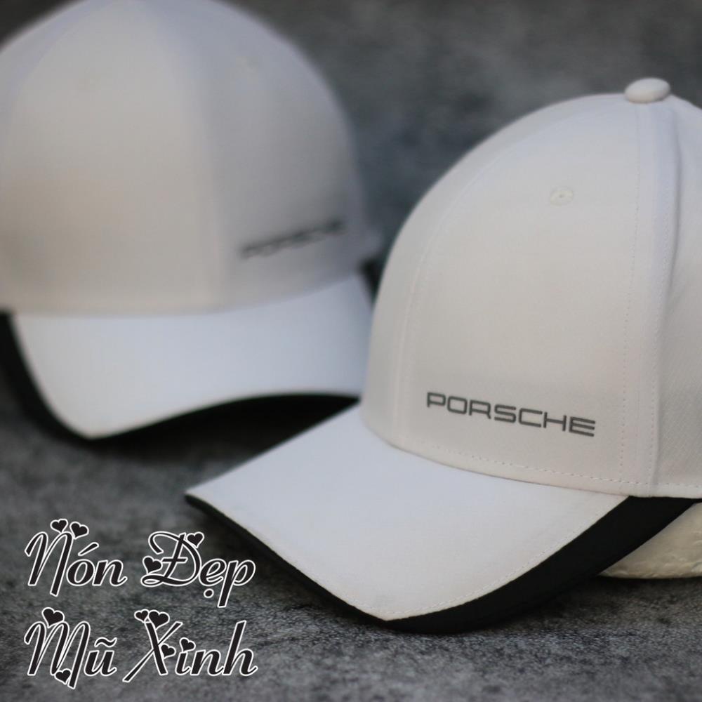 Nón lưỡi trai Porsche  dù trắng Hàn Quốc cao cấp, phom nón cứng cáp cá tính, logo dập nổi, khoá đuôi dán