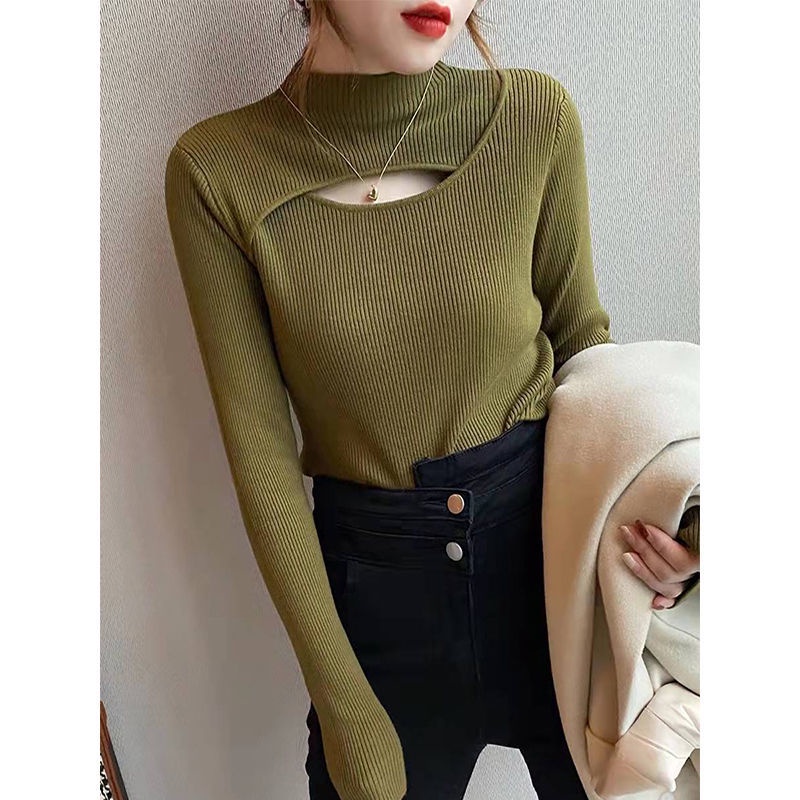 Áo dệt kim RENJIANVSHENG 204152 tay dài cổ cao khoét lỗ thời trang xinh xắn cho nữ