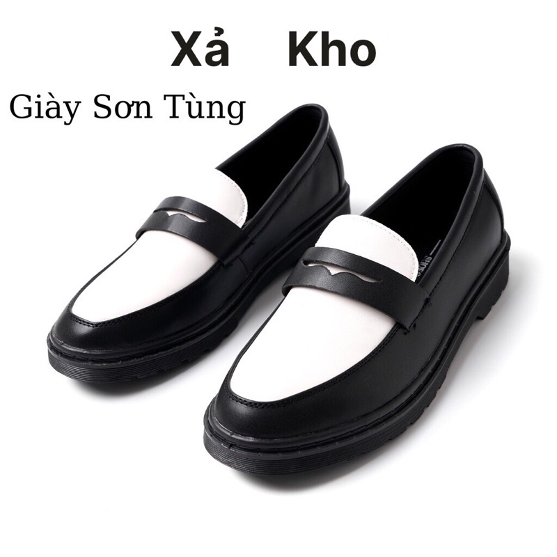 Giày Penny Loafer Black White da nguyên tấm, Giày Sơn Tùng Đế Phíp Cao Cấp