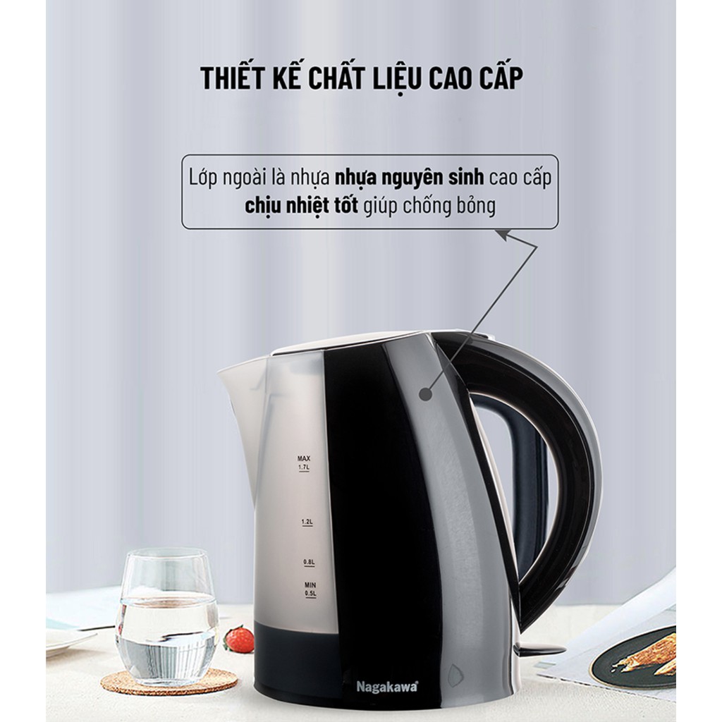 Bình Đun Siêu Tốc Nagakawa NAG0304  - Thân ruột nhựa PP cao cấp - Hàng mới