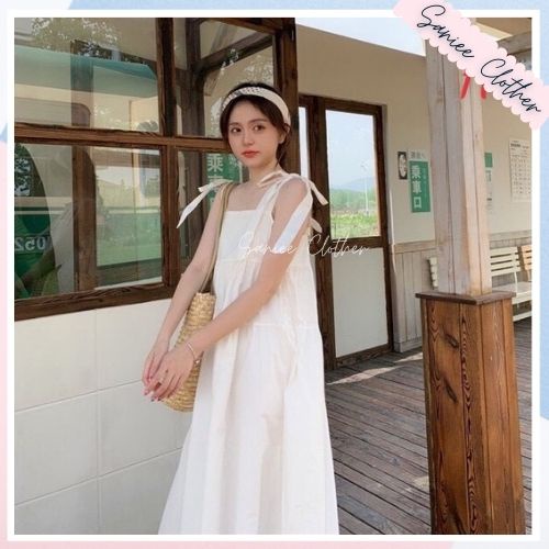 Váy 2 dây nơ đầm babydoll nữ chất đũi mềm phù hợp đi biển Sanniee Clother