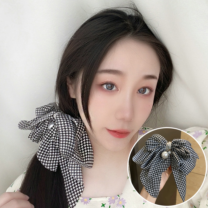 Kẹp Tóc Nơ Họa Tiết Caro Đính Ngọc Trai Phong Cách Hàn Quốc Cho Nữ