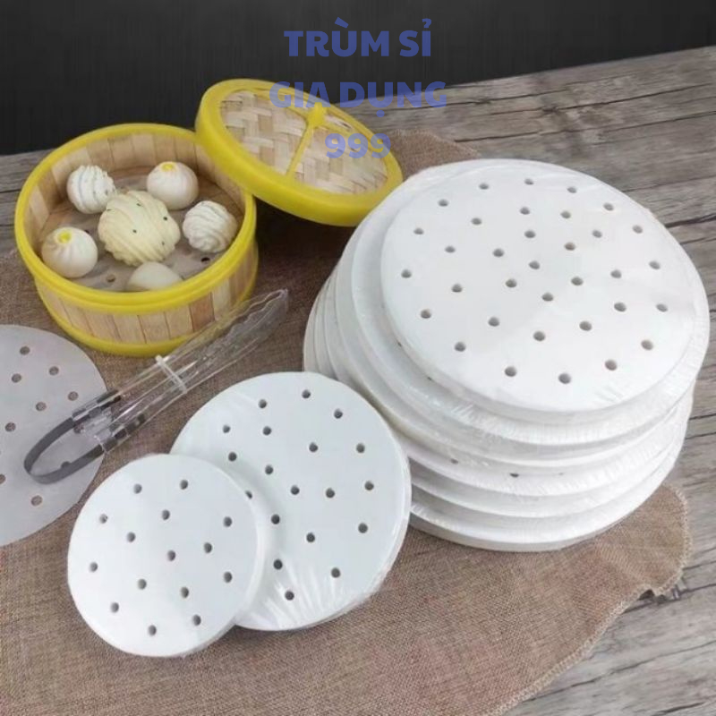 Set 100 giấy nến nướng bánh đục lỗ tròn thấm dầu chống dính cho nồi chiên không dầu, giấy lót hấp bánh size 23cm