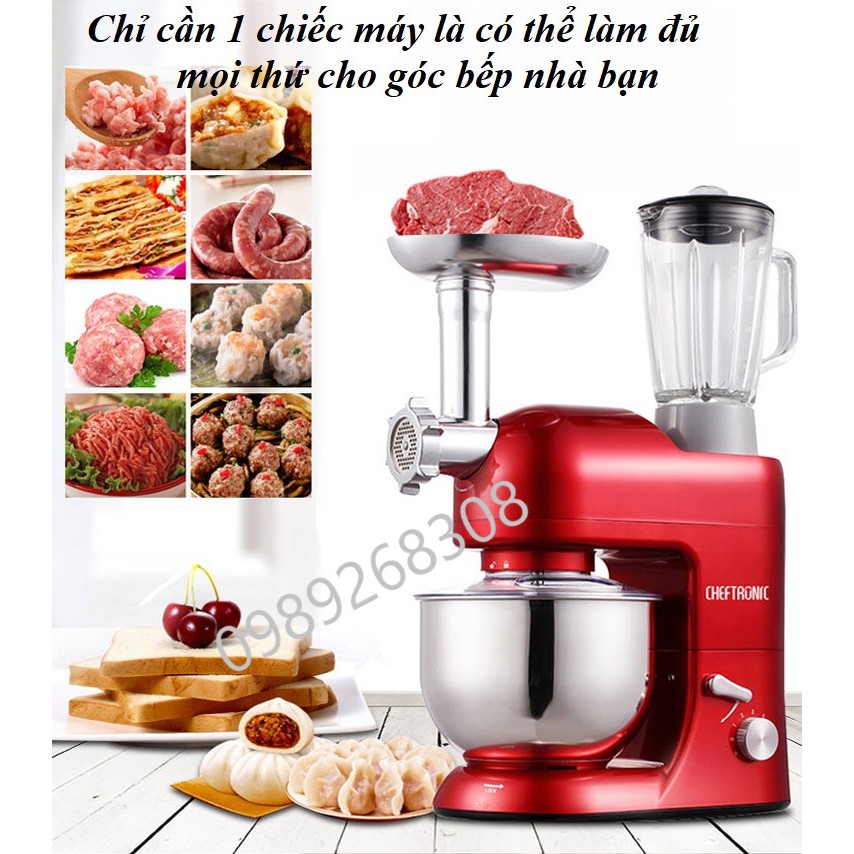 (Xuất Mỹ) Máy nhào bột Cheftronic SM-1086 cao cấp 5L công suất lớn 1300W- Bộ đầy đủ nhào bột,cán mỳ, đùn thịt như ảnh