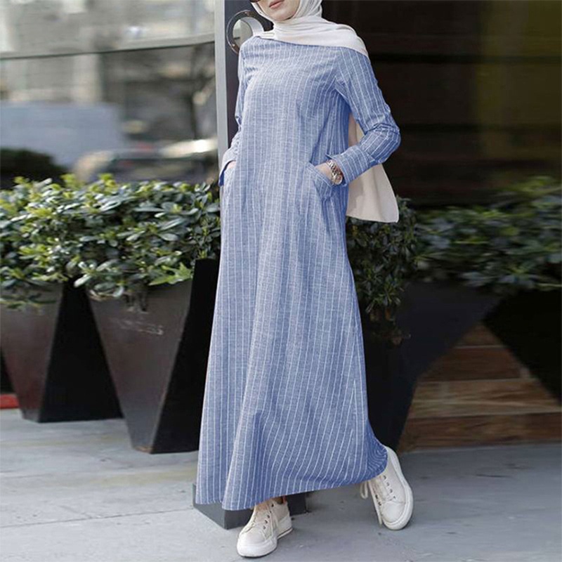 Đầm Maxi Chữ A Tay Dài Bằng Vải Lanh Cotton In Họa Tiết Sọc Phong Cách Abaya Thổ Nhĩ Kỳ Dành Cho Nữ