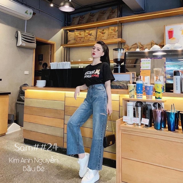 Quần cullotes baggy jean ống suông loe nhẹ cắt rách bên sườn form cạp cao ulzzang kim anh nguyễn bầu bé kèm ảnh thật sẵn