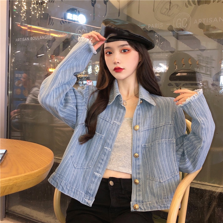IELGY     Áo Khoác denim Tay Dài Kẻ Sọc Dọc Đơn Giản Dành Cho Nữ