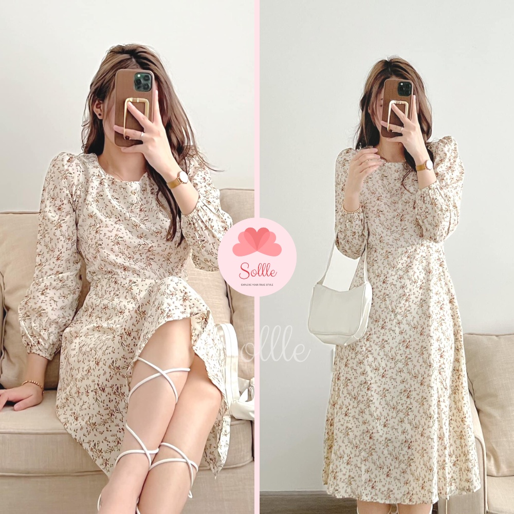 Váy trắng hoa nhí cỏ dài tay thanh lịch đầm babydoll dáng dài vintage nữ tính Hàn Quốc Sollle