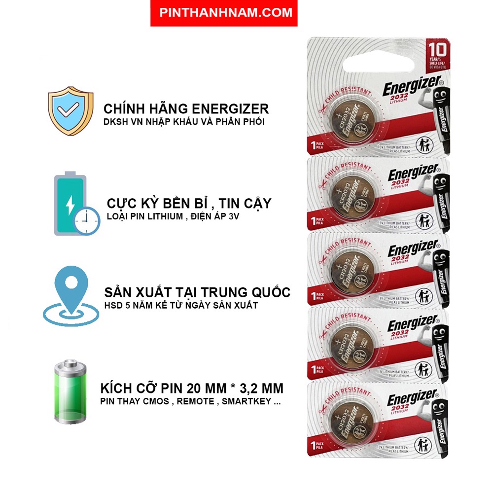 Pin CR2032 Energizer lithium 3V vỉ 5 viên chính hãng