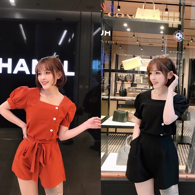 Short kèm belt+ áo tay phồng nút