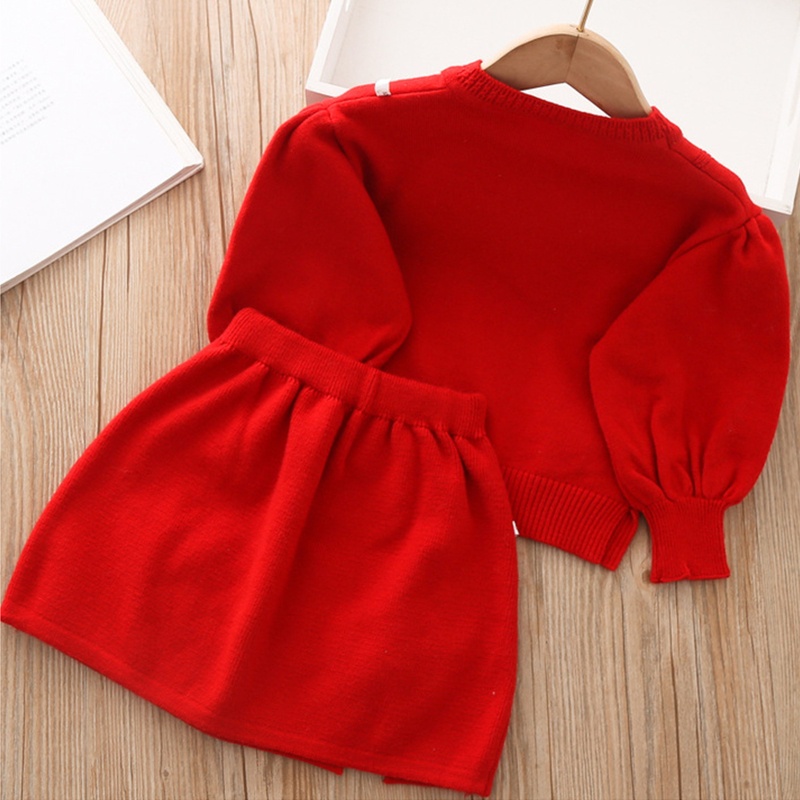 Bộ Áo Sweater Dệt Kim Đính Nơ Phối Chân Váy Dễ Thương Thời Trang Thu Đông Cho Bé Gái