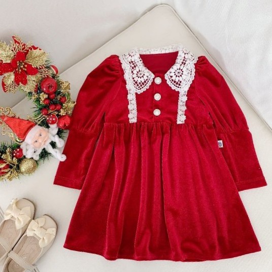 Váy tay dài bé gái babydoll màu đỏ dễ thương MINTSCLOSET Mint's Closet tay phồng 1 2 3 4 tuổi - GV0013