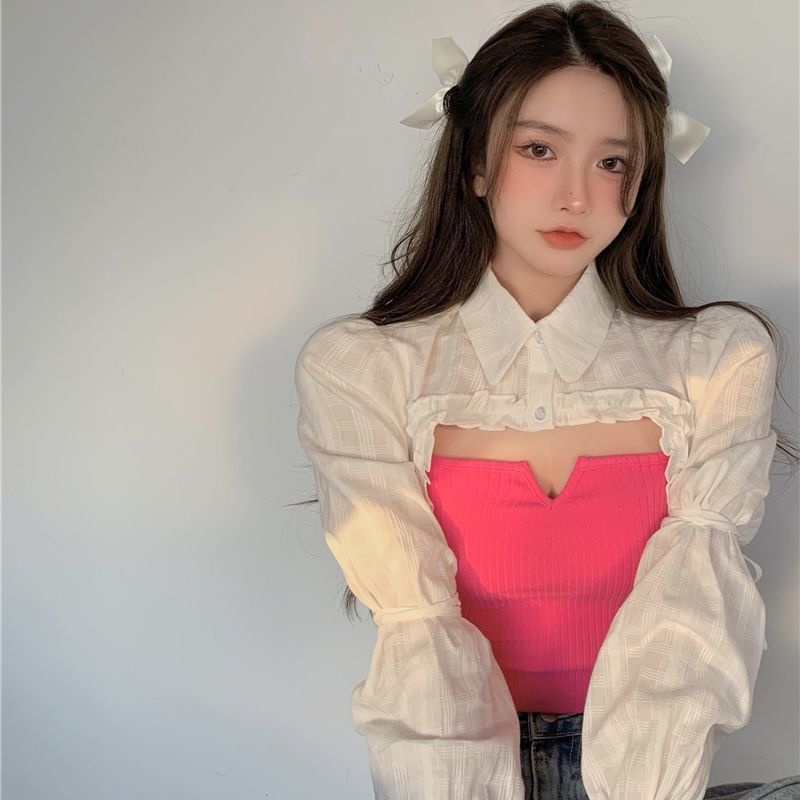 COZOK Set áo sơ mi ngắn tay + áo hai dây màu đỏ hồng xinh xắn