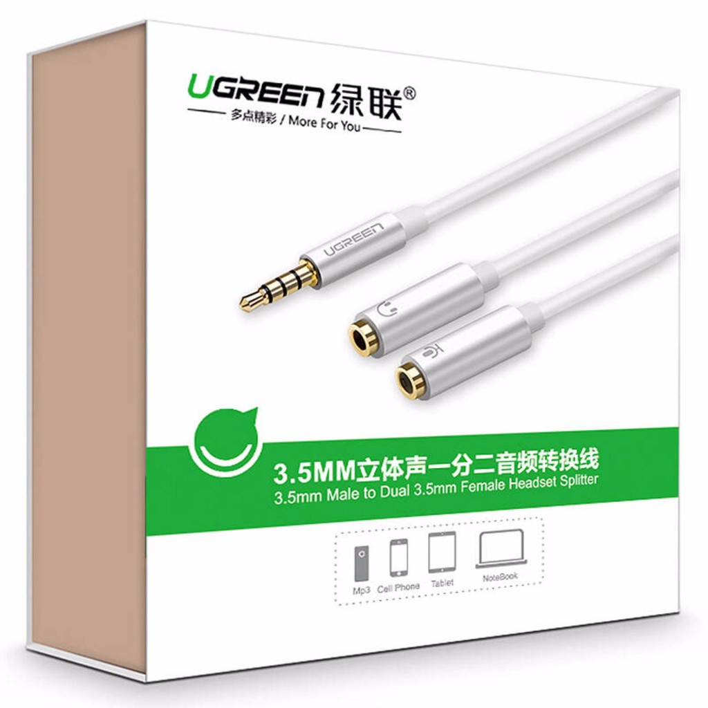 Dây chuyển đổi 3.5mm đực sang hai đầu Mic + Loa chuẩn 3.5mm (cái)  UGREEN 10789