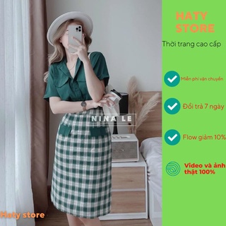 set chân váy DXV1 caro và áo somi công sở màu xanh , váy chất kate bố và áo đũi freesize dưới 54kg xuất xứ từ HATY SHOP