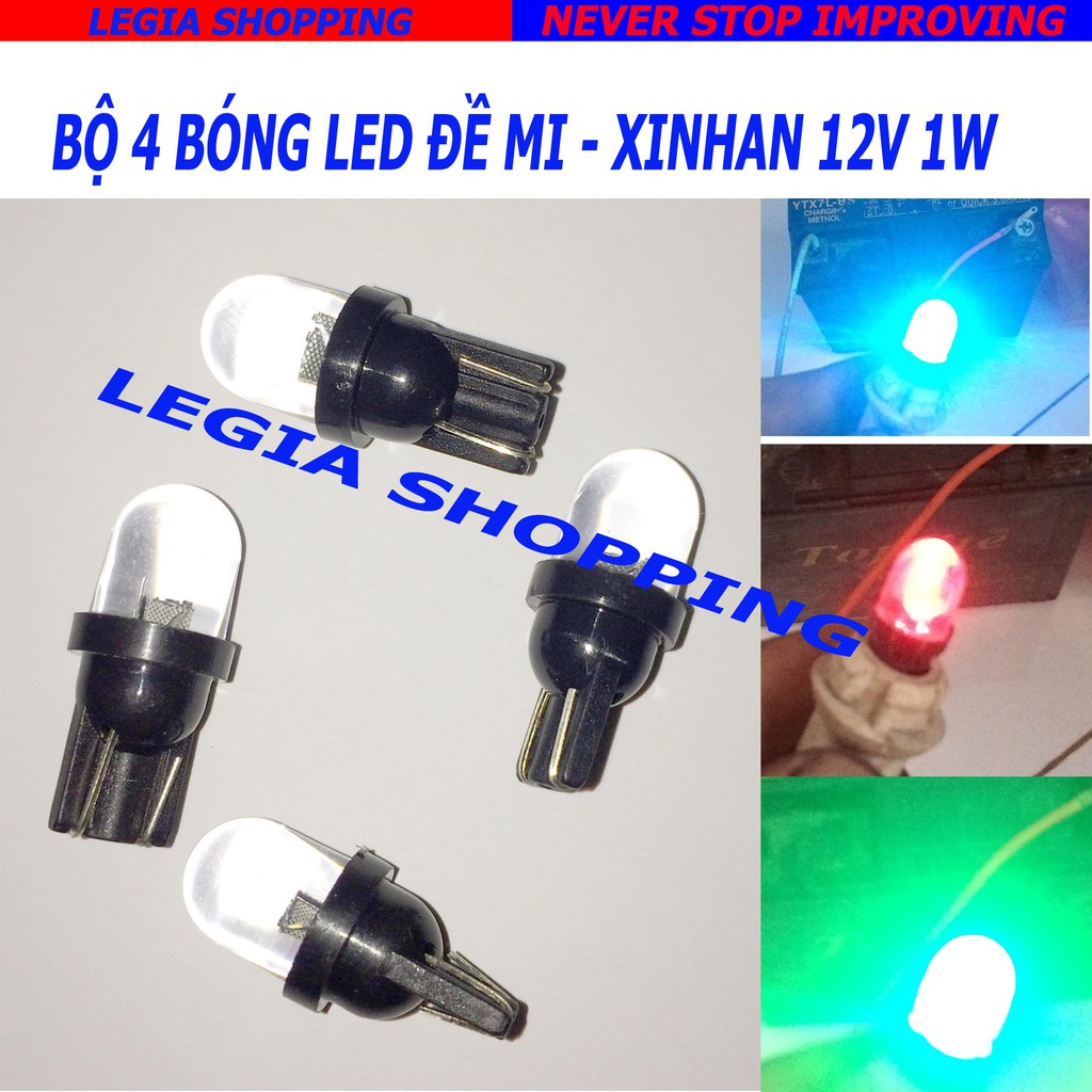 BỘ 4 BÓNG LED 1 TIM 7 MÀU CHÂN T10 GẮN XINHAN ĐỀ MI XE MÁY