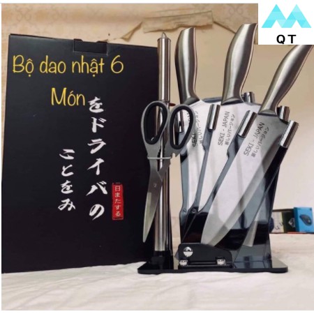 Bộ Dao Kéo Nhà Bếp 6 Món Nhật Bản Cao Cấp, Inox Chống Gỉ, Có Đế Đựng Dao