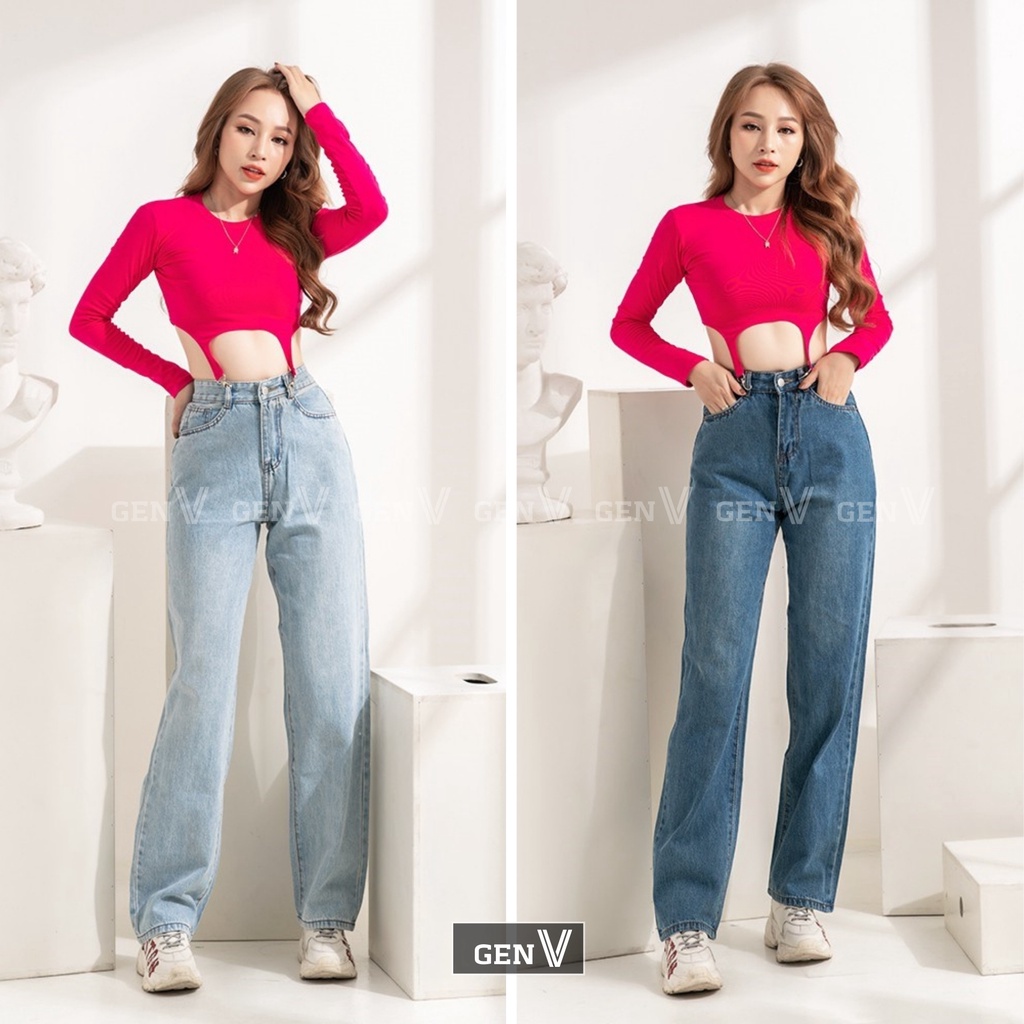 Quần Jean Nữ Baggy Ống Rộng Suông Cạp Lưng Cao GenV - Quần Bò Nữ , Jeans Ống Đứng Thời Trang
