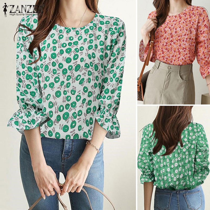 ZANZEA Áo Kiểu Tay Phồng Cổ Tròn 3 / 4 Thời Trang Dành Cho Nữ
