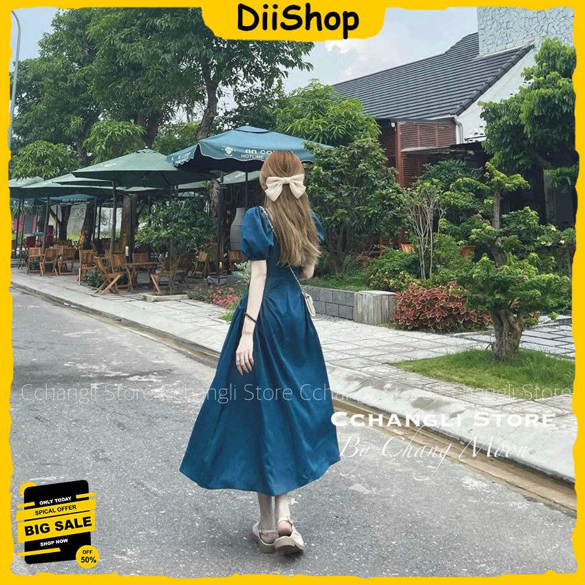 Đầm maxi vintage mặc đi chơi, đầm tiểu thư tay phồng, đầm cổ vuông xếp ly, đầm basic Hàn Quốc, váy xòe bồng dài