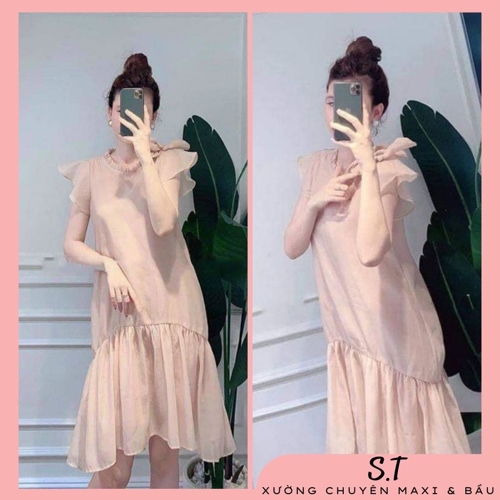 Đầm bầu dự tiệc, công sở 2 lớp voan hồng cách điệu tay, cổ mã DB1012