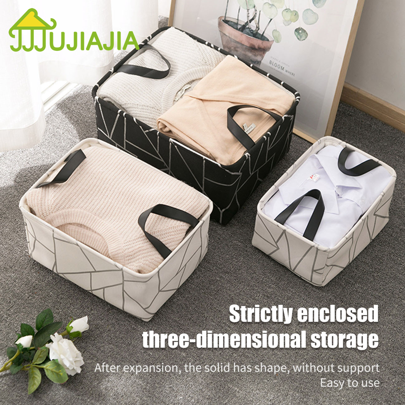 JUJIAJIA Canvas Stacked Geometry Pattern Storage Basket with Handle