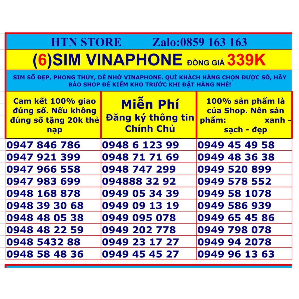 Sim vinaphone số đẹp vina trả trước giá rẻ đồng giá 339k