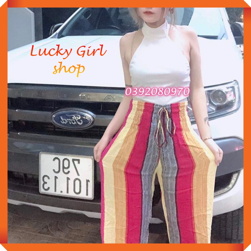 Quần Lanh Nữ Dài Sọc Màu Nhún Lưng Bo Gấu Alibaba Loại I - Đủ Size - Lucky Girl shop