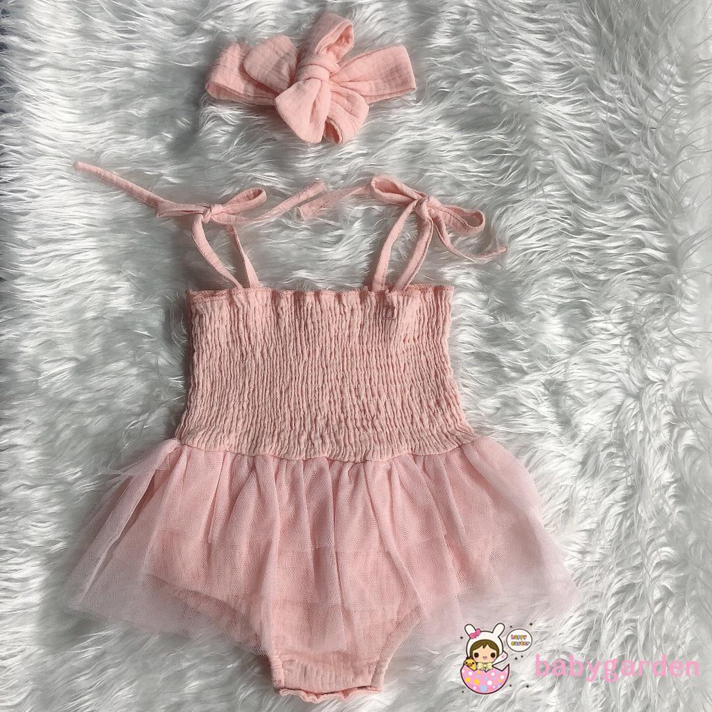 Bộ Áo Liền Quần Hai Dây Cổ Thuyền Màu Trơn + Băng Đô Nơ Bằng Vải Tuyn Thời Trang Mùa Hè Cho Bé Gái
