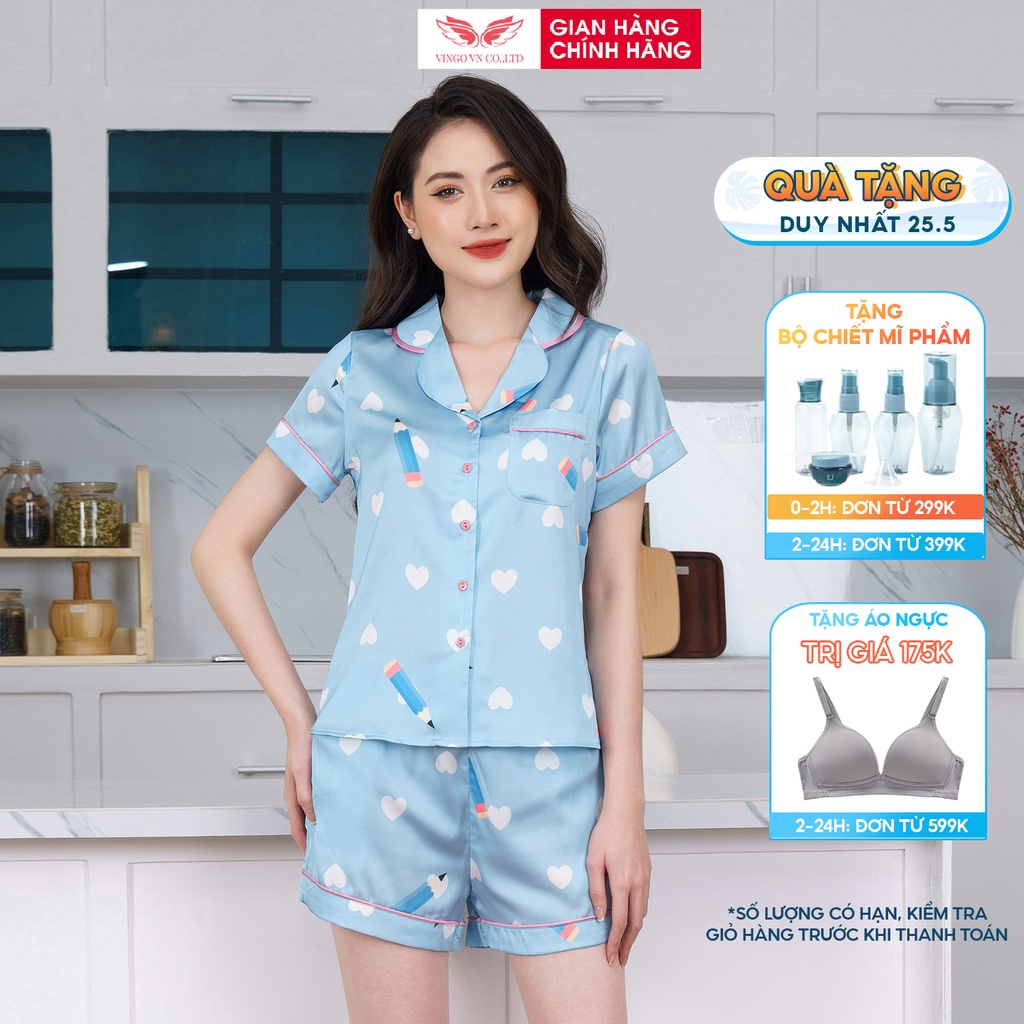 Đồ bộ nữ mặc nhà Pijama VINGO Lụa Pháp cao cấp tay ngắn quần cộc họa tiết bút chì hồng phối xanh mùa Hè H630 VNGO