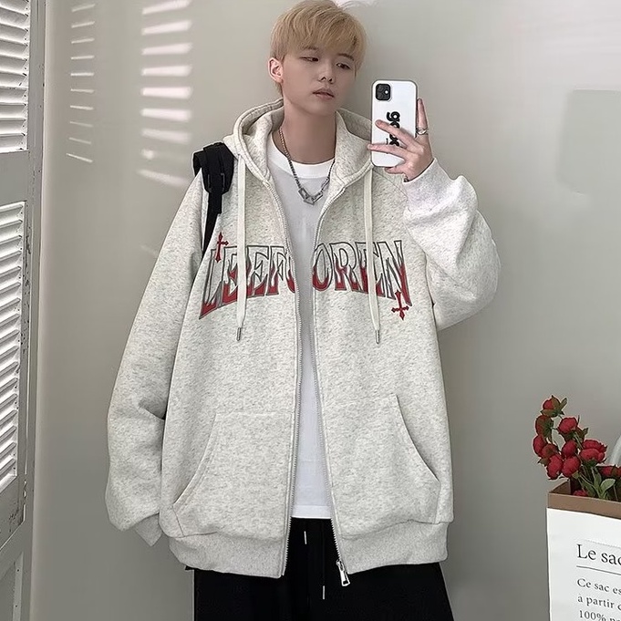 [ba màu]áo hoodie dáng rộng có khóa kéo in chữ thời trang dành cho nam áo hoodie form rộng hàn hiphop hoodie nam