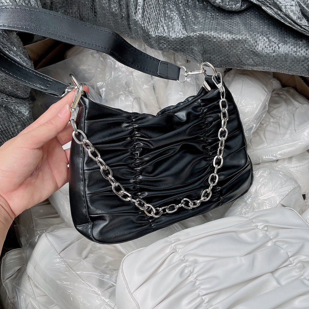 Túi đeo vai kẹp nách nữ xách tay da mềm xếp ly phối xích thời trang đi chơi giá rẻ DIOMI