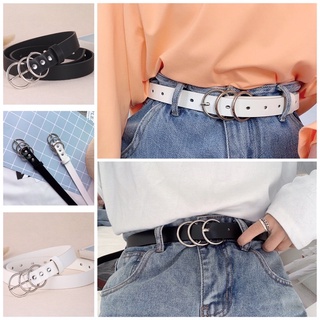 Thắt lưng dây nịt nữ bản nhỡ 2cm da Pu khóa 3 khuyên tròn kim loại khống gỉ tán đinh đai buộc áo váy len khoác dạ đục lỗ