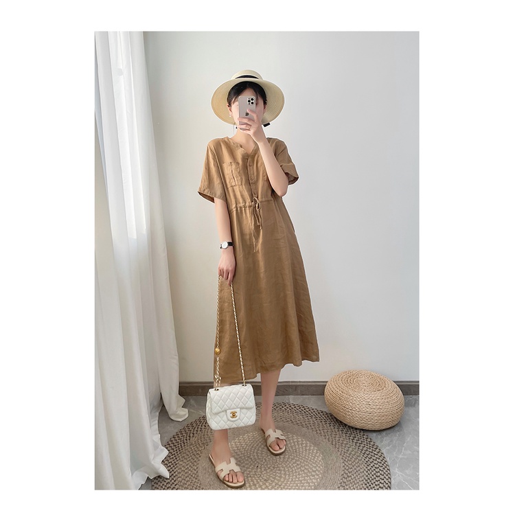 Đầm hè nữ linen suông cổ trụ tay cộc túi bổ trước, chất vải linen mềm mát