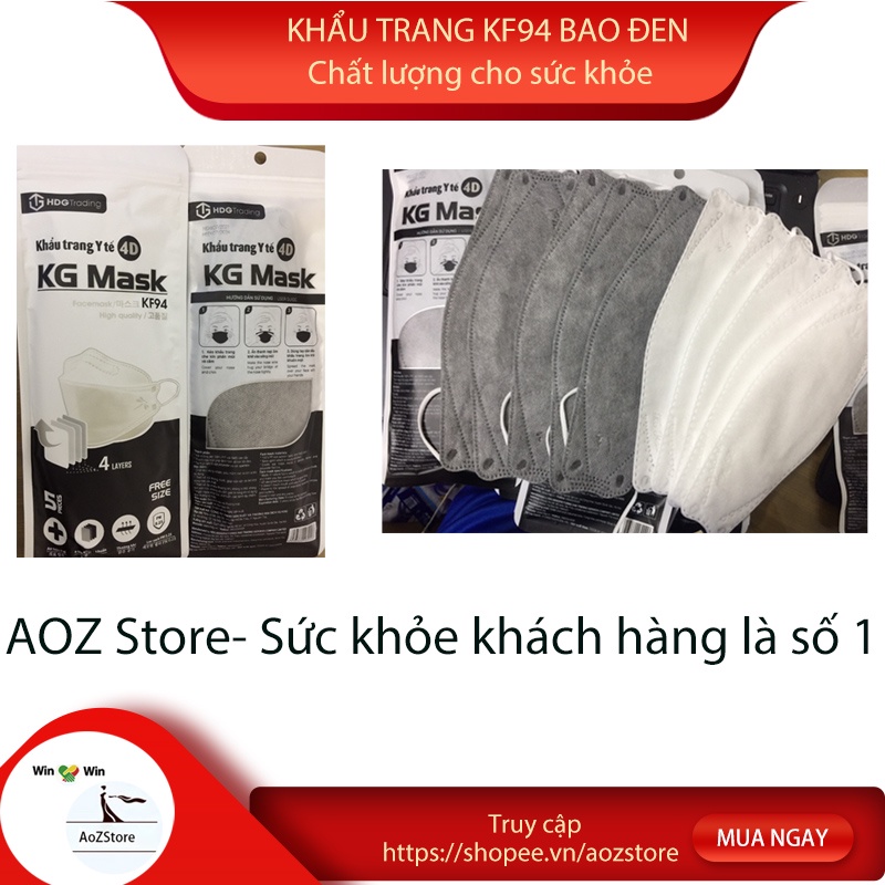 Khẩu trang KF94 KG mask 3d cao cấp kháng khuẩn chính hãng gói 5 cái bao đen