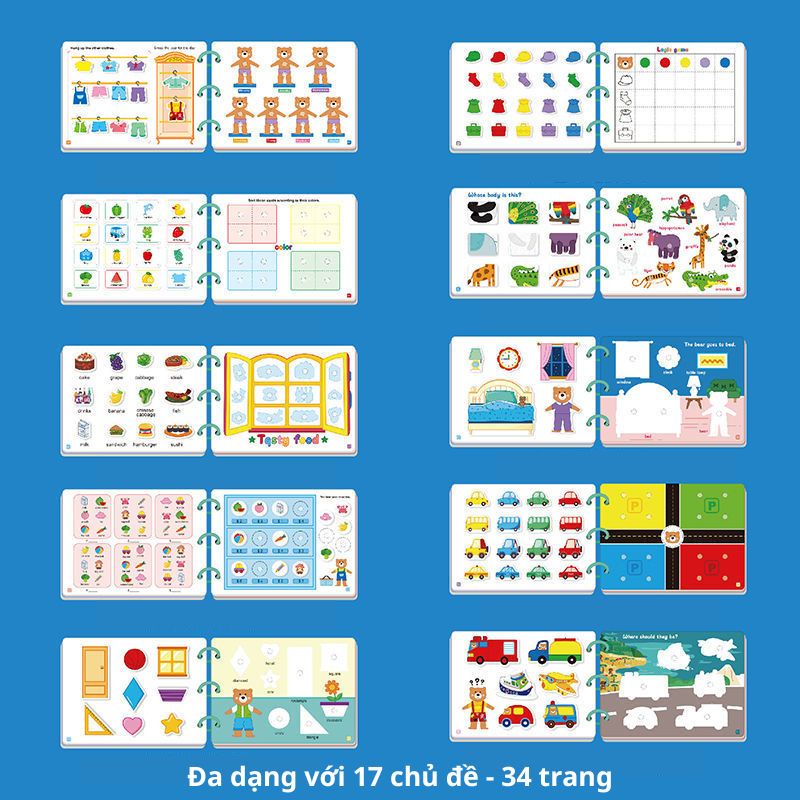 Đồ chơi Montessori bóc dán  thông minh cho bé 17 chủ đề giúp bé thỏa sức sáng tạo tiếng anh tiếng việt