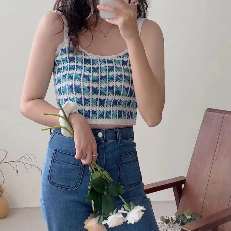 Áo Croptop Dệt Kim Không Tay Thêu Họa Tiết Sọc Ngang Nhiều Màu Sắc Thời Trang Cho Nữ