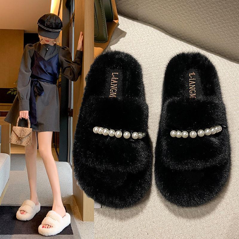 Dép bằng cotton đế bằng phối lông thời trang thu đông cho nữ