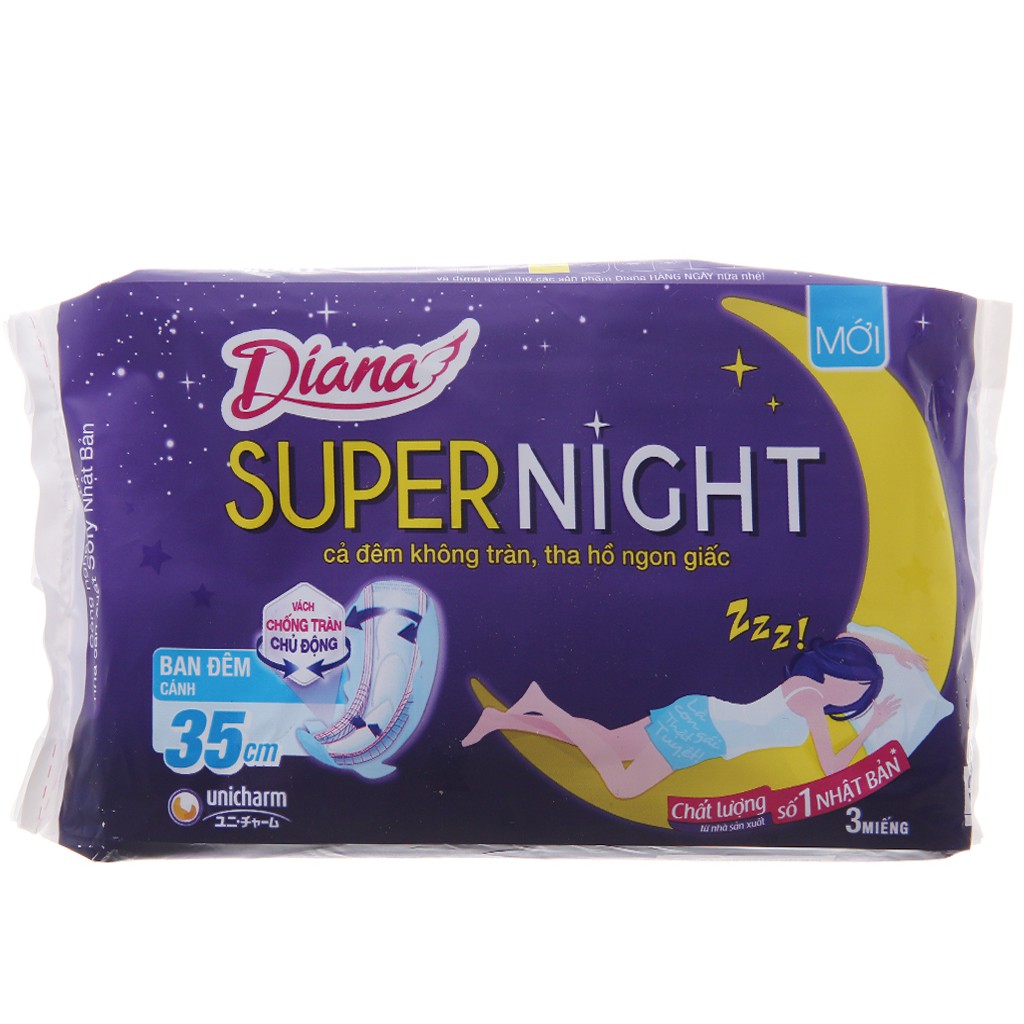 Băng Vệ Sinh Diana Super Night Ban Đêm Có Cánh 35cm Gói 3 Miếng