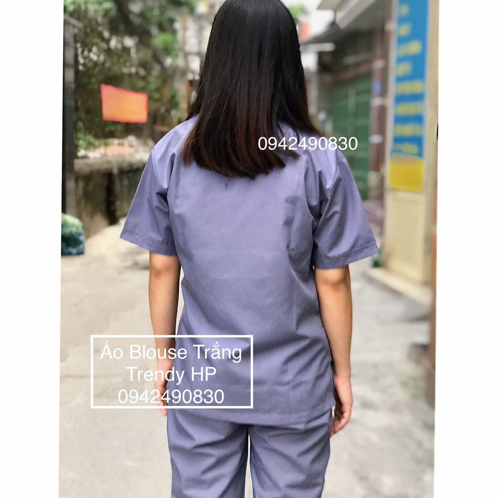 Bộ scrubs cổ tim Nữ cộc tay màu Ghi Xám - bộ quần áo cổ tim nữ cho bác sỹ, y tá, điều dưỡng, thẩm mỹ viện, spa