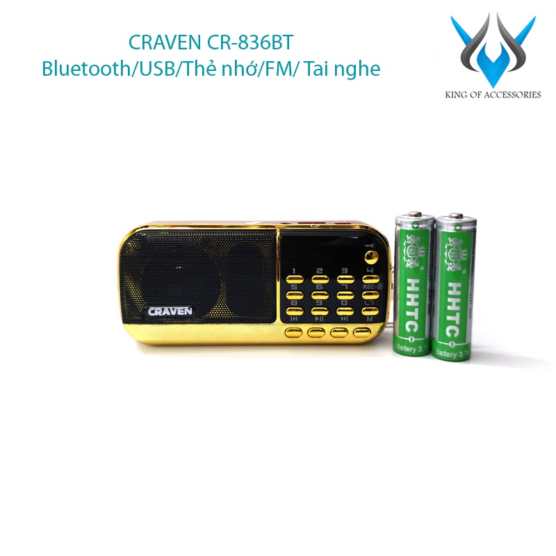 Loa đài FM đa năng Craven CR-836BT hỗ trợ Bluetooth/ Thẻ nhớ/ USB/ Tai nghe/ Đèn pin - dung lượng pin 4400mah (Đen đỏ)