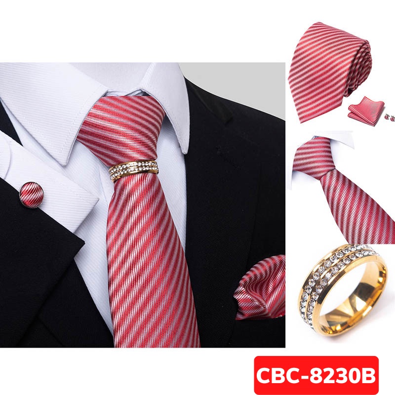 Bộ Cà vạt 4 món gồm Cavat 8cm, khăn cài túi, Măng-set, Nhẫn tròn phụ kiện, Cravat chú rể, Calavat công sở CBC-8230