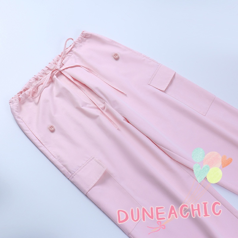 DUNEA Quần Dài Lưng Thấp Dáng Rộng Phối Túi Dây Rút Cá Tính Cho Nữ