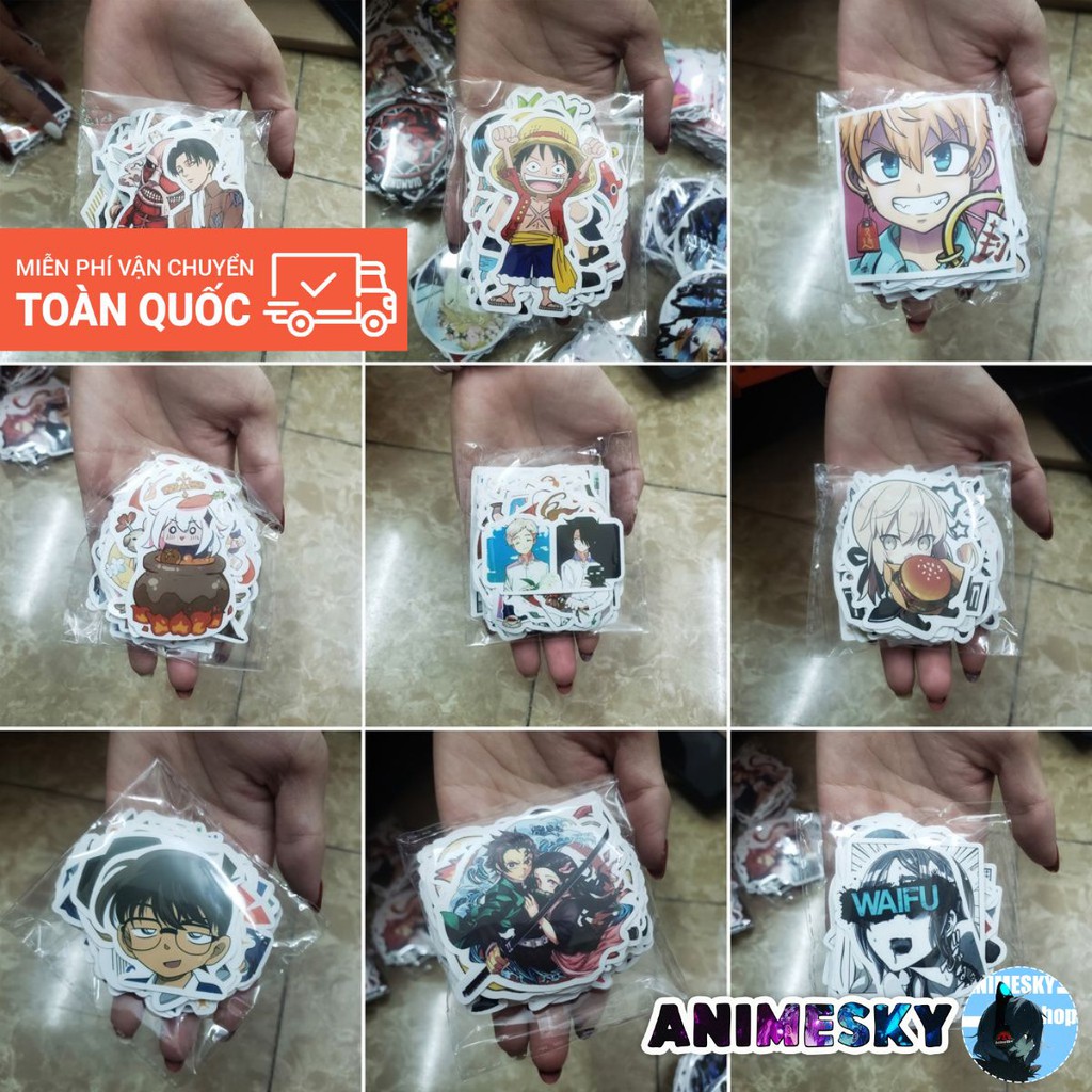 Sticker Anime combo 50 cái chống nước dán laptop, vali, mũ bảo hiểm,... in hình anime chibi cute