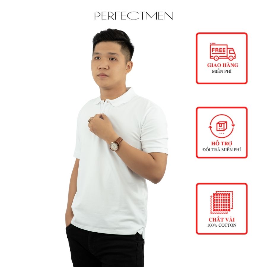 Áo Polo nam cao cấp 100% cotton PERFECTMEN vải cá sấu màu trắng co giãn 4 chiều thoáng mát xuất xịn sang trọng