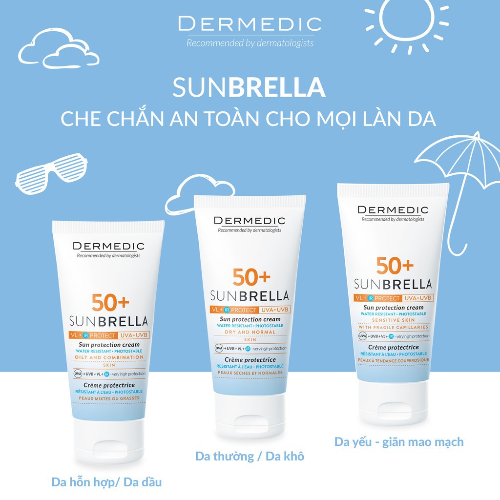 Kem Chống Nắng Da Nhạy Cảm, Giãn Mao Mạch DERMEDIC SUNBRELLA SPF50+ Sun Protection Cream Fragile