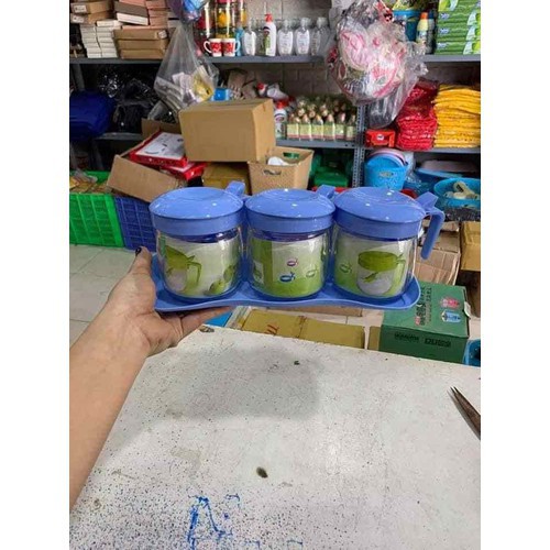 [ TẶNG MUỖNG ] BỘ 3 HŨ THỦY TINH ĐỰNG GIA VỊ KÈM KHAY