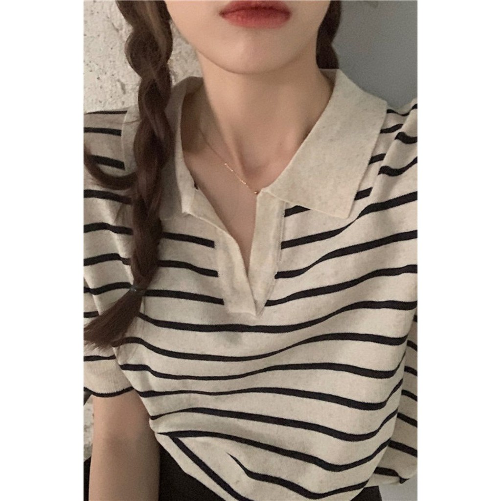 áo pull sọc ngắn tay len mỏng nữ mùa hè 2021 mới của Hàn Quốc rộng rãi và linh hoạt từ dưới lên trên